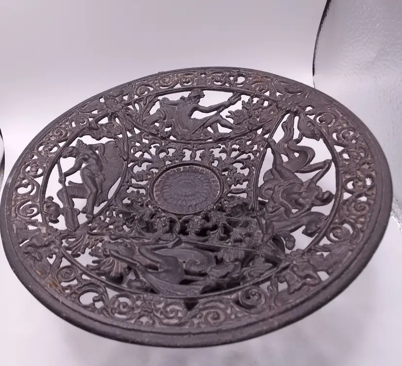 Vintage Iron Art No 2 Pedestal Dish Greek Roman Motif 8-1/4” Diameter