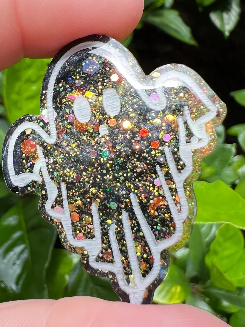 Ghost Halloween Resin Magnet. Black & Orange Glitters. Handmade By Me 🫶. 1-5/8" length