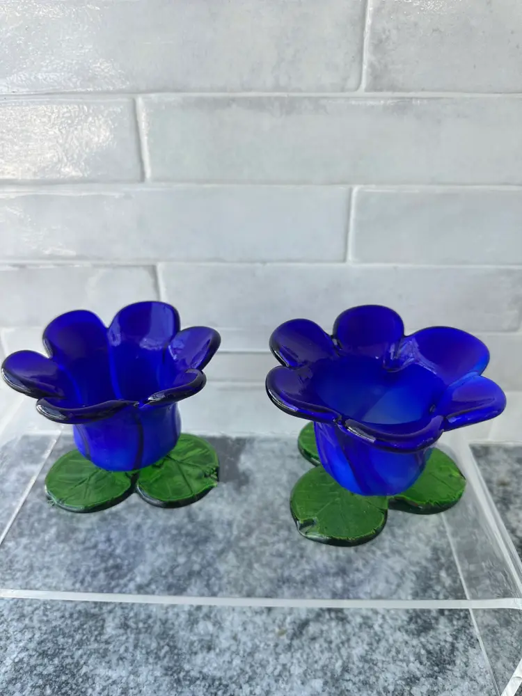 Pair Colbalt Blue & GreenArt Glass Flower Candle Holders / Bud Vases 3 1/2" T