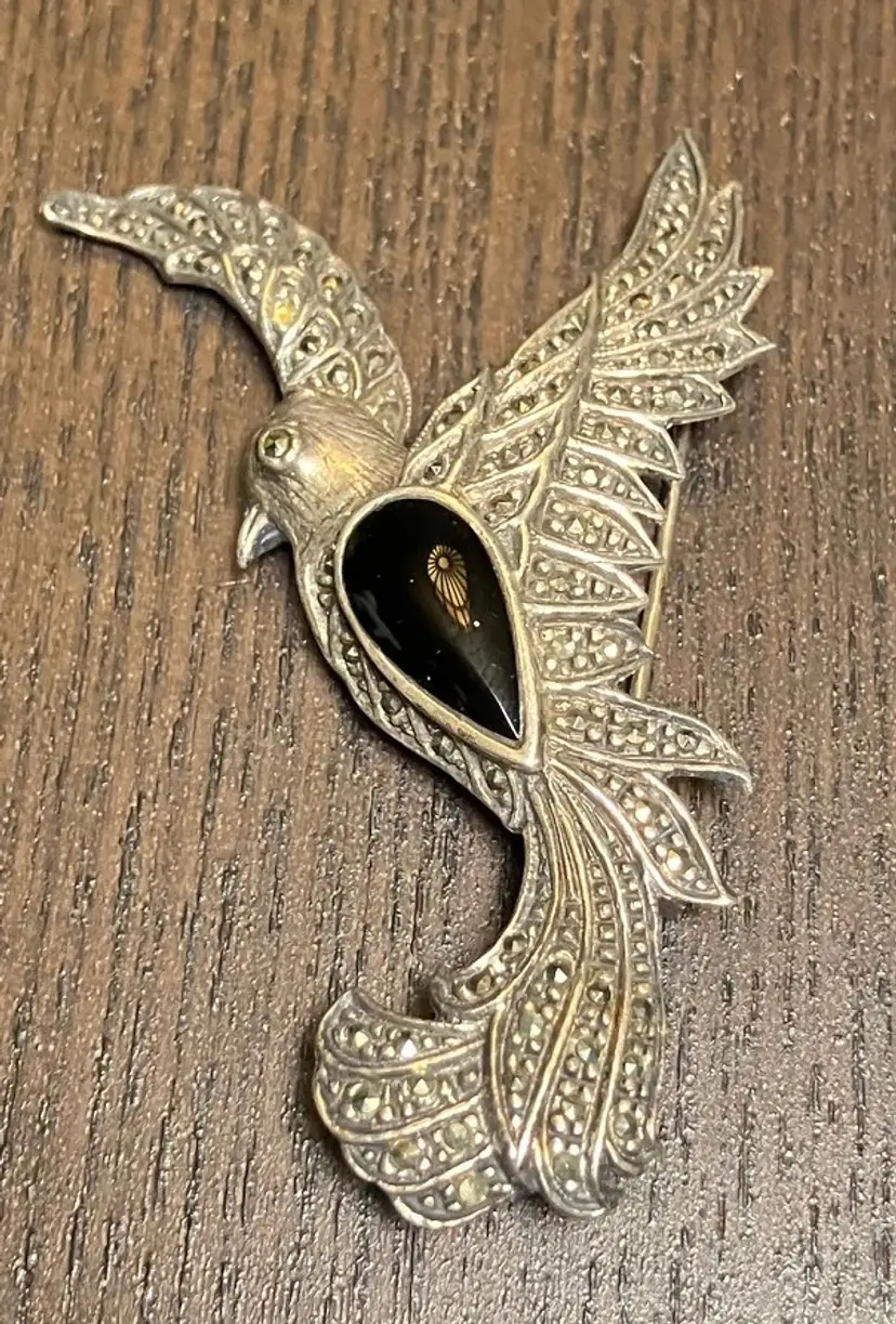 VTG Sterling Silver "Bird of Paradise" Brooch Marcasite Stone and Black Onyx
