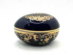 Vintage Limoges Castel France cobalt blue porcelain egg trinket box with 22K gold accents
