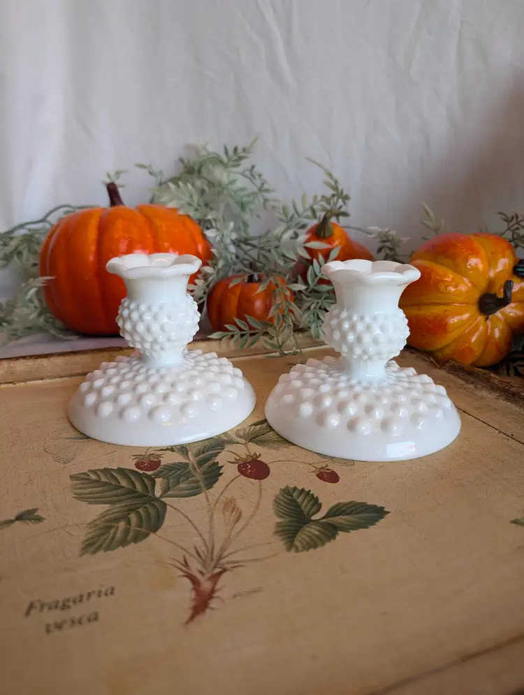 Fenton Hobnail Milk Glass Candlestick Holders Pre 1973