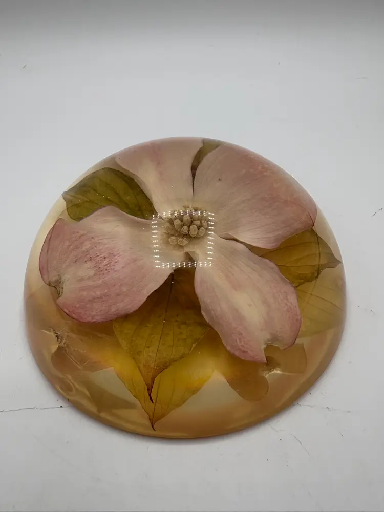Signed W. Rolfe Acrylic Dogwood Paperweight 4”
