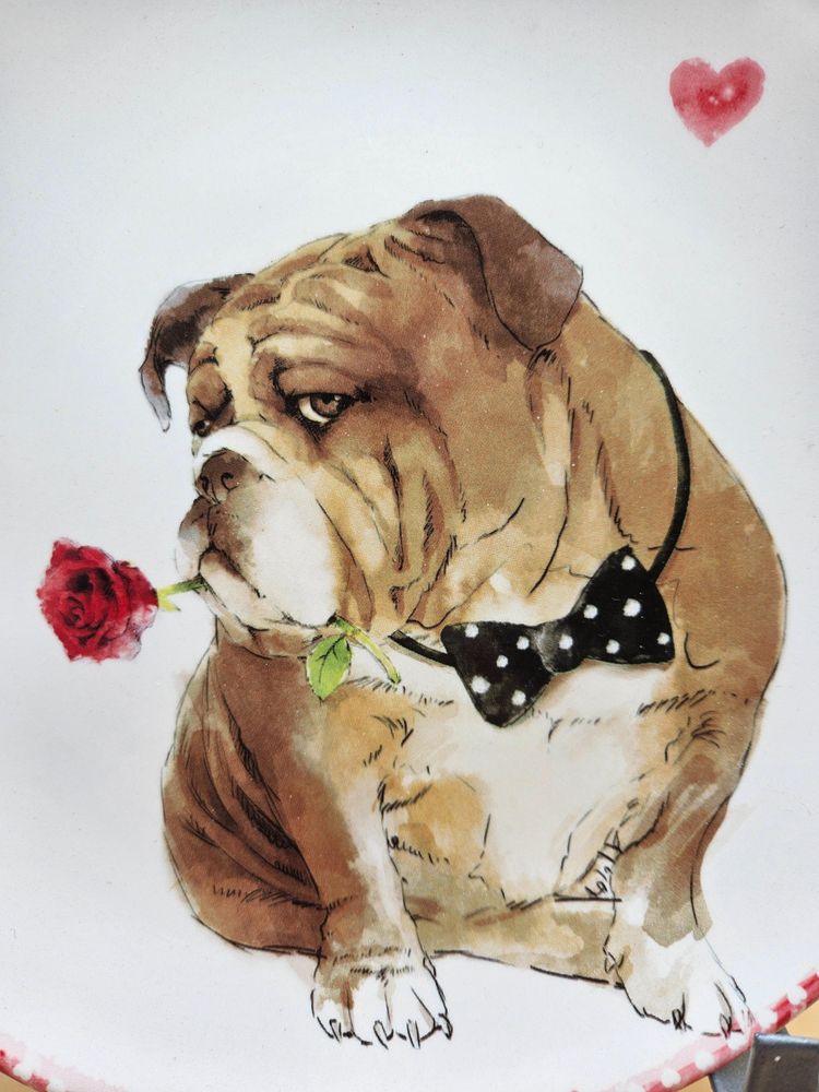 Pier 1 Bulldog Valentine's Day Plate 8.75", Ironstone, Hearts, Dog