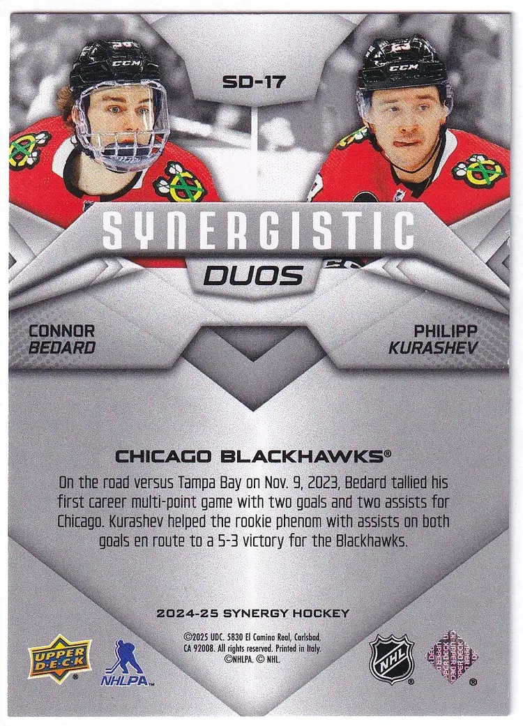 2024-25 Synergy Synergistic Duos Stars #SD17 Connor Bedard / Philipp Kurashev Chicago Blackhawks Hockey Card