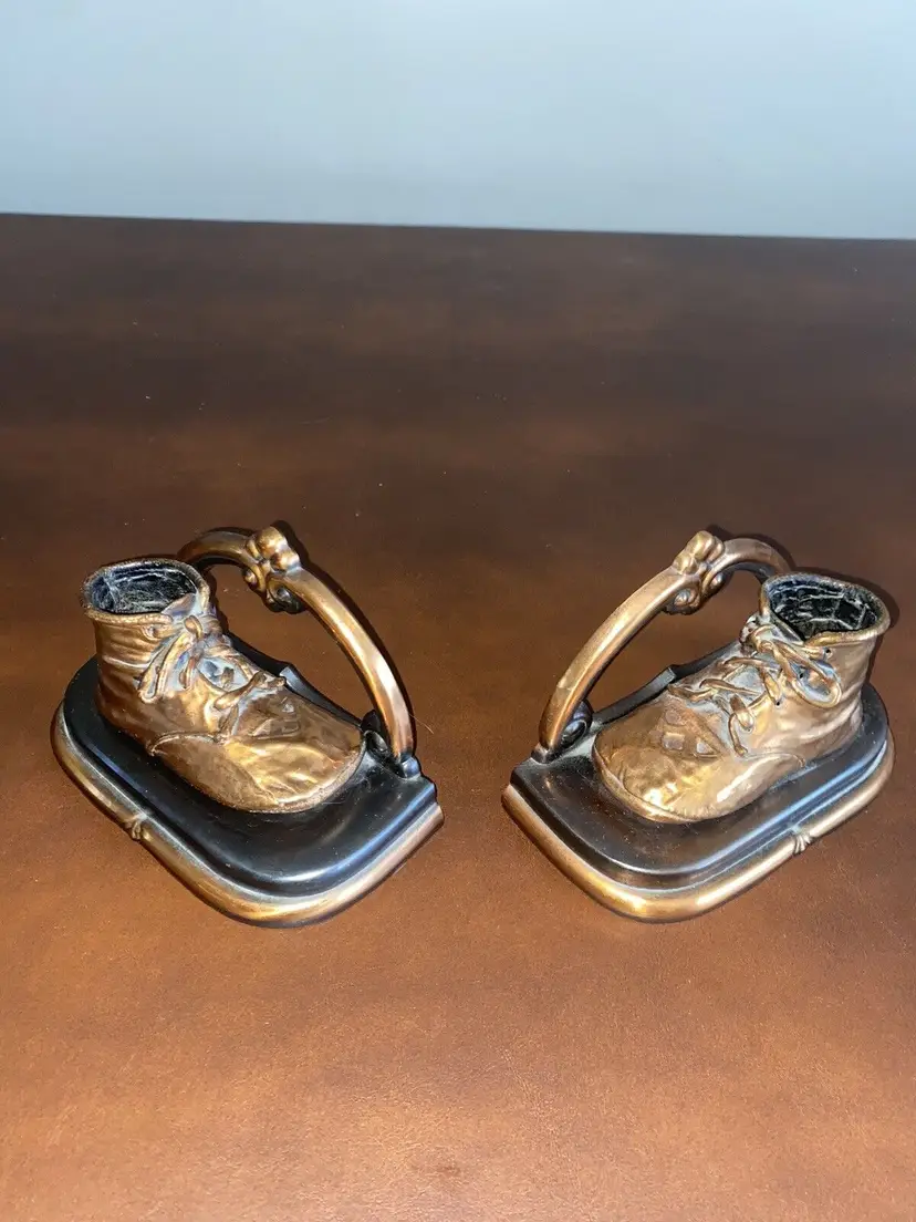 Vintage Pair Brass Bronze Copper Plated Baby Booties Boots Shoes Nursery Decor