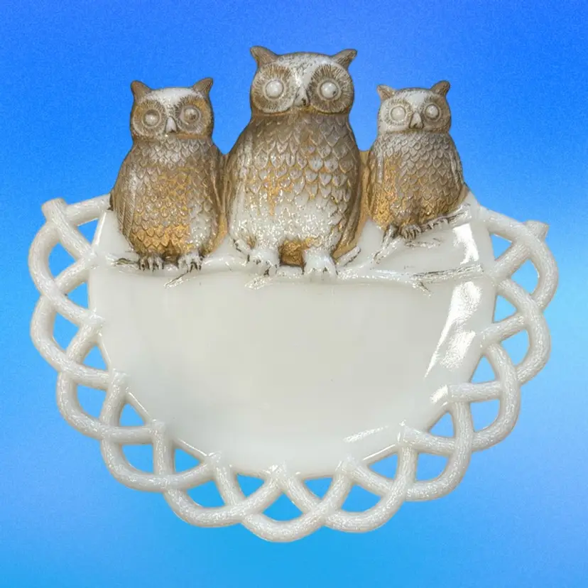 Vintage Westmoreland Milk Glass Plate 3 painted Owls Lace Rim PAT'D JULY-2-1901