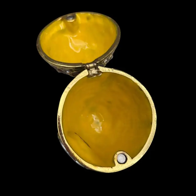 Regal Enamel  Egg Clock Trinket Box – Red & Green Enamel with Rhinestones, Crown Detail, 5”