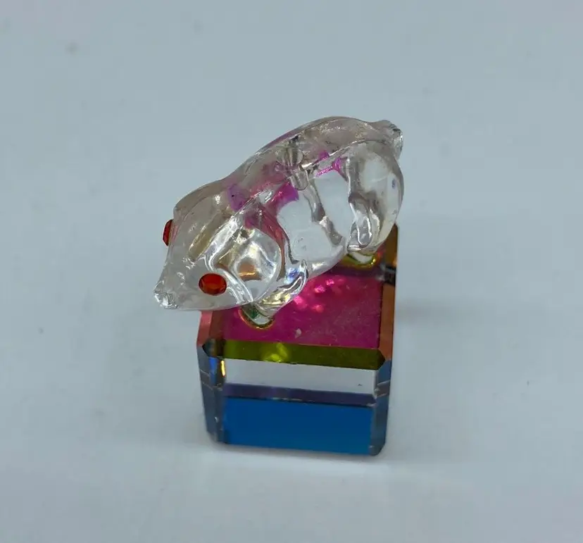 Glass Miniature Pig with Orange Eyes on Mirrored Crystal Cube Stand