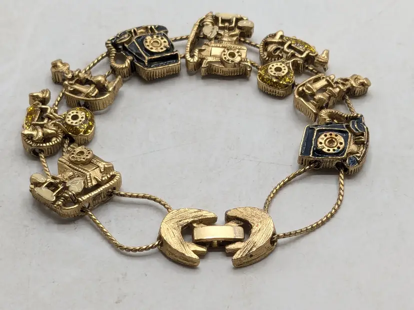 Vintage Gold Tone Telephone Charm Slider Bracelet