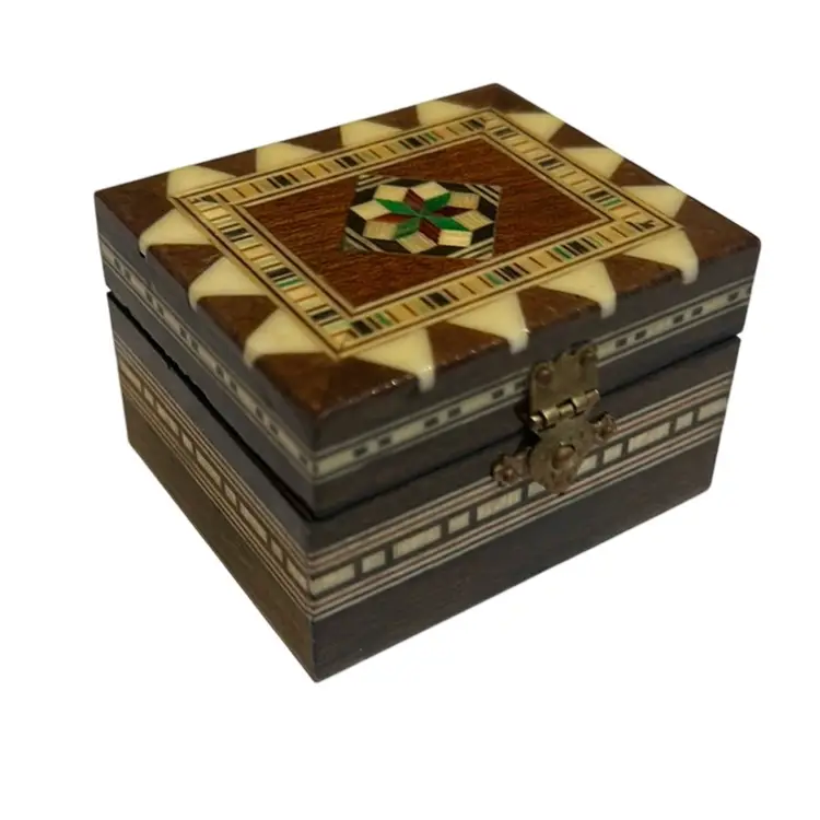 Vintage Marquetry Lacquered Inlay Mosaic Wood Hinged With Brass Tone Closure Lined Small Trinket Stash Box