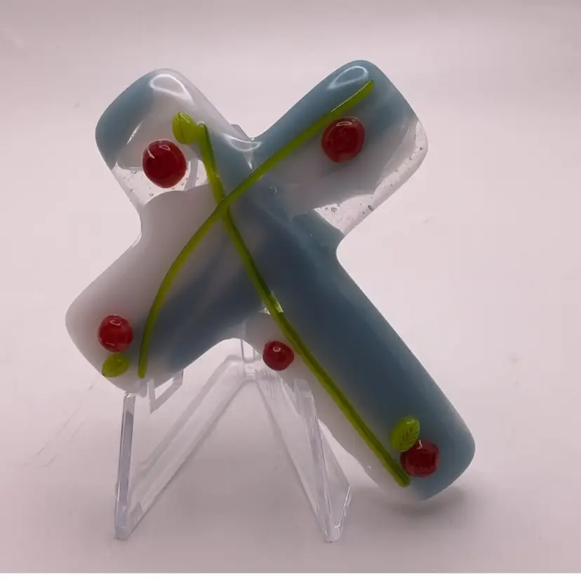 Made by Me! Fused Glass Cross Paperweight Blue & White 3” x 2.25” Handcrafted Studio Art