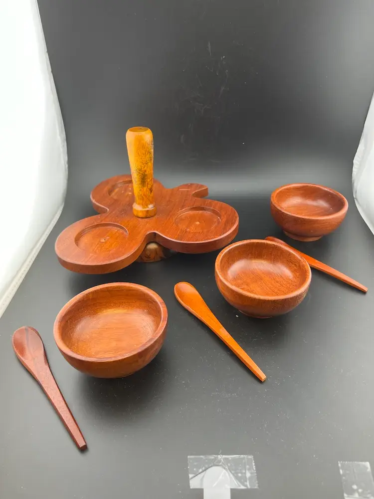 #01 MCM wooden spinning lazy susan appetizer, nut, condiment serving dishes.  Complete set of 3 with wooden spoons