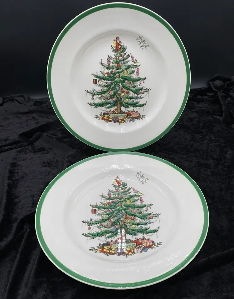 2 - Vintage 2002 Spode Christmas Tree Dinner Plates, 10.75", #3324, Made In England