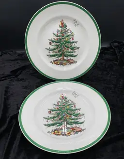 2 - Vintage 2002 Spode Christmas Tree Dinner Plates, 10.75", #3324, Made In England
