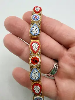VTG 7.5" Micro Mosaic Millefiori 5-Link Bracelet-Flower Design-Gold Tone Band