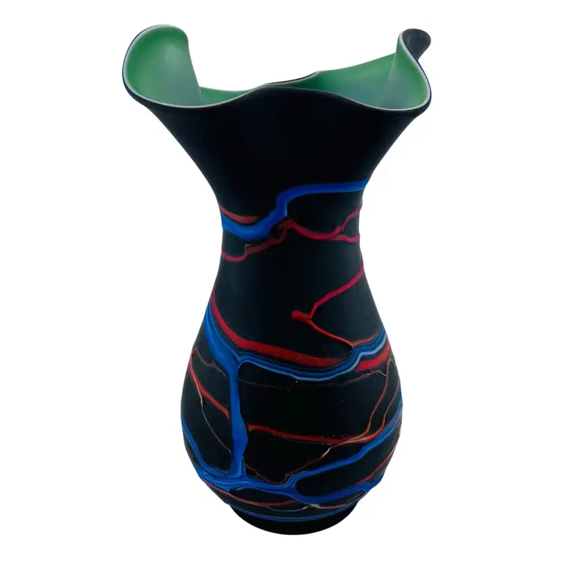 Incredible Azerbaijan Handblown Glass Large Vase Matte Black W/ Red And Blue Swirls And Green Inside 12”