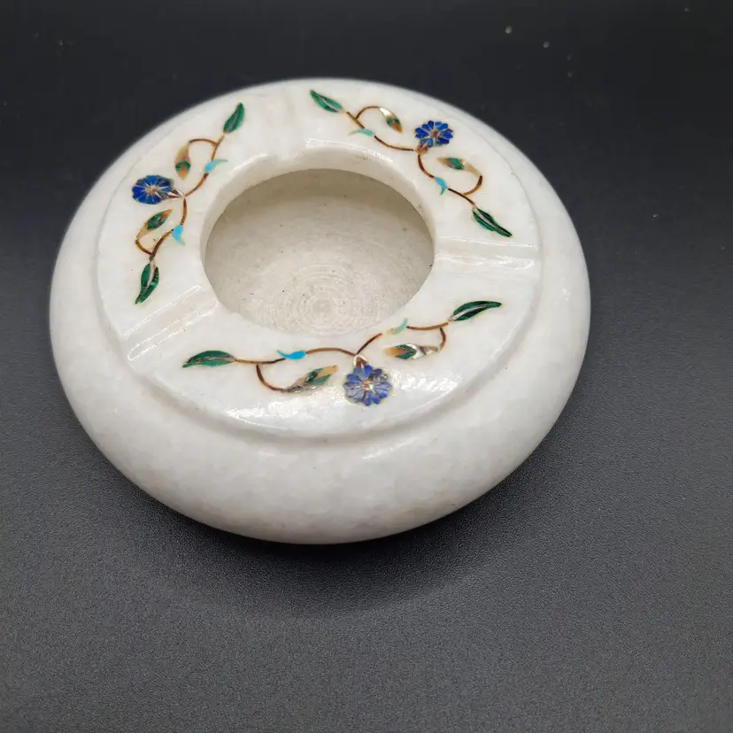 Heavy Solid Handcrafted Marble Floral Inlaid Round Ashtray Blue Silver