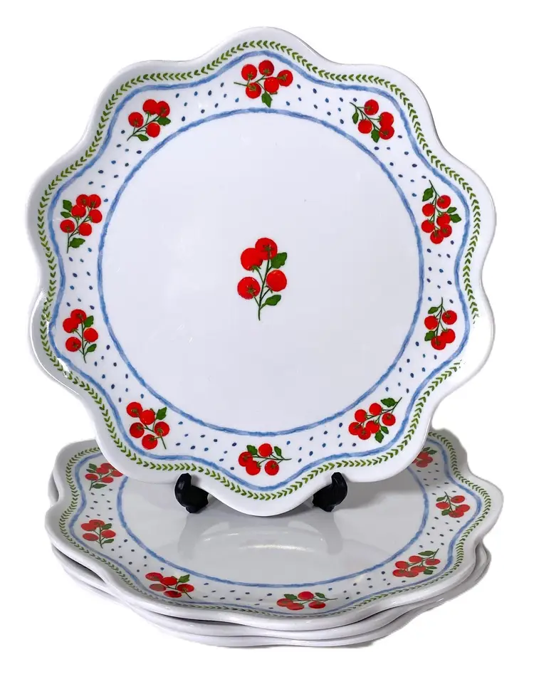 Rachel Ashwell "FARMHOUSE" Melamine Dessert Plates Cherry Tomatoes Scalloped Edge