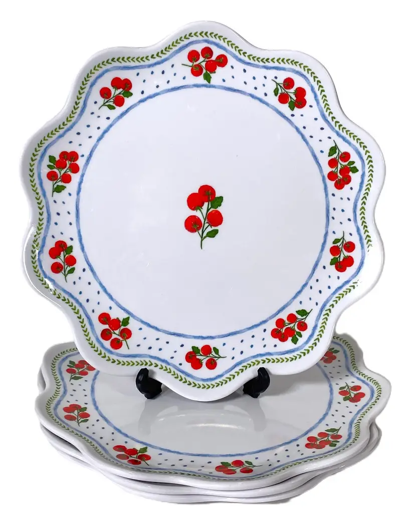 Rachel Ashwell "FARMHOUSE" Melamine Dessert Plates Cherry Tomatoes Scalloped Edge