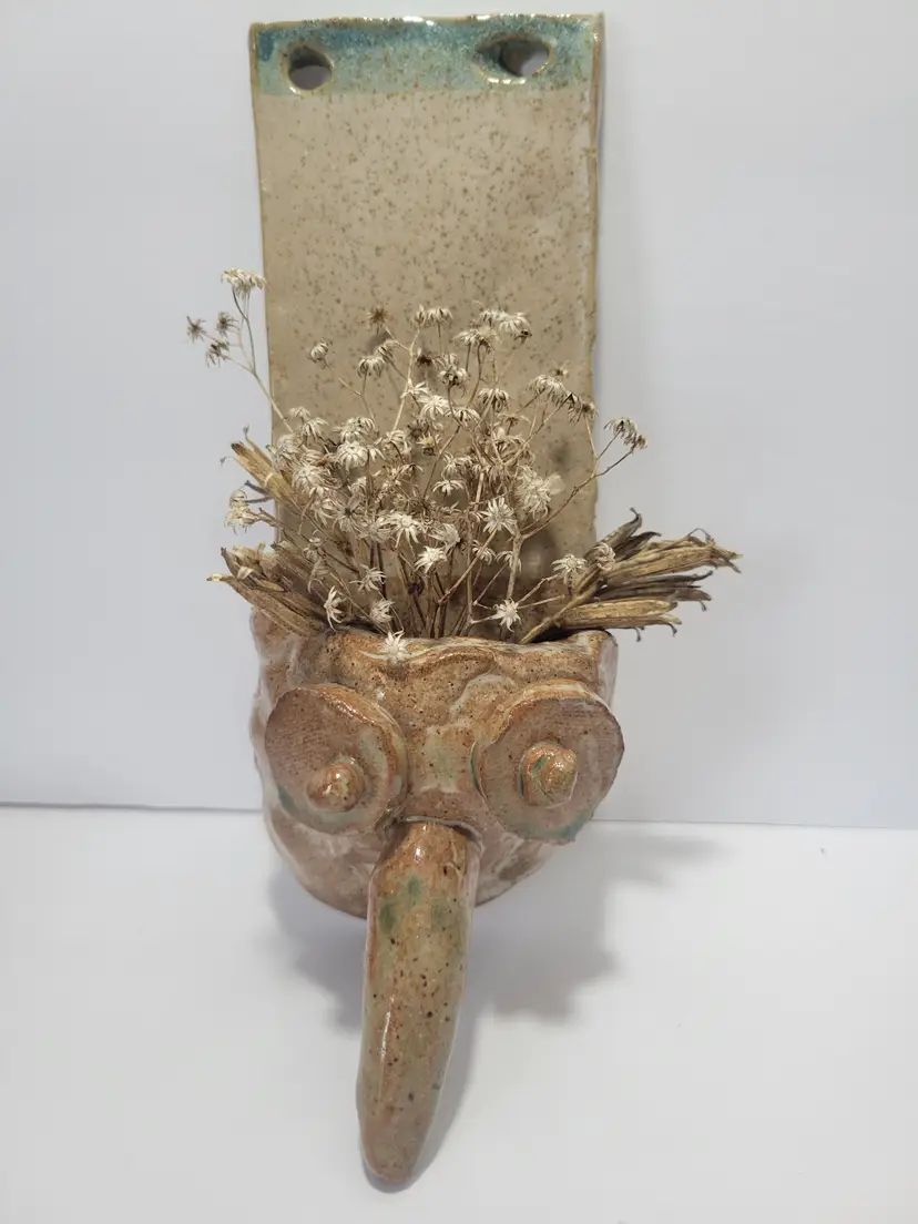 Handmade Pottery Owl Wall Pocket Vase Folk Art Dried Flower Holder Primitive Boho Decor