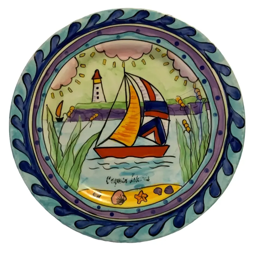 #03 Hand Painted Sail Boat On Plate Signed By Artist 8” Diameter