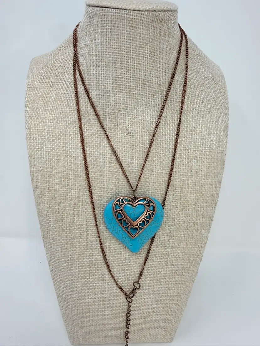 Aqua Blue Stone And Bronze Colored Heart Necklace