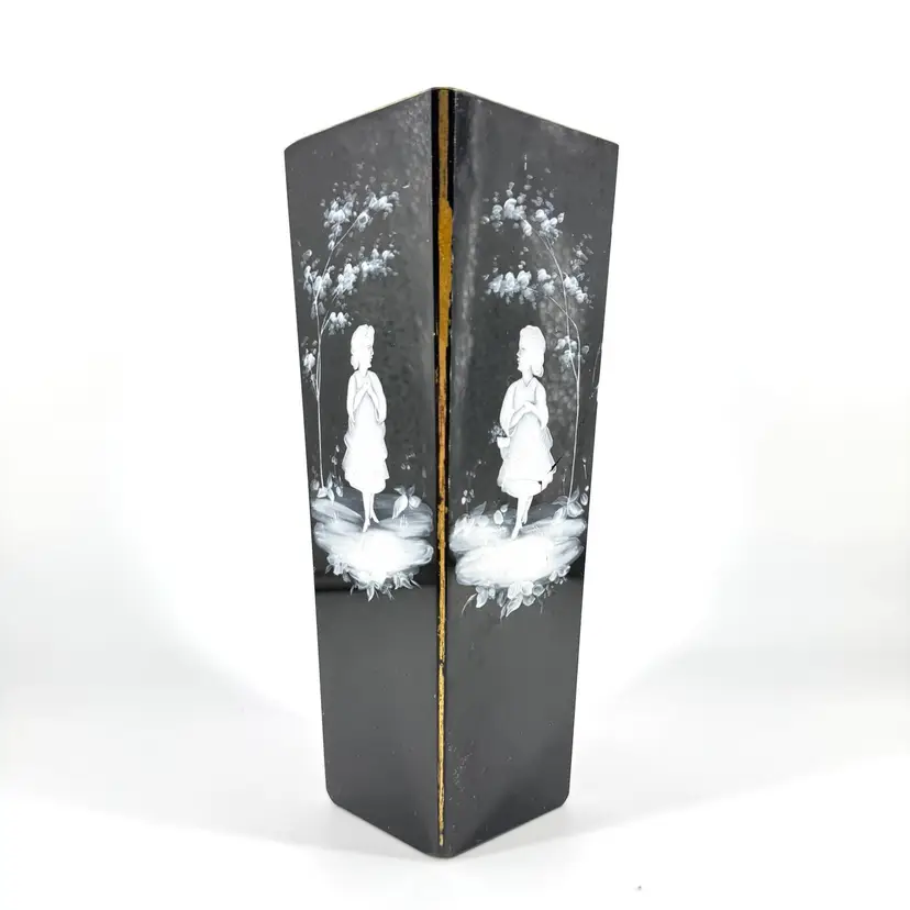 Mary Gregory Black Glass Hand Painted Flowers Girl Vase AS IS