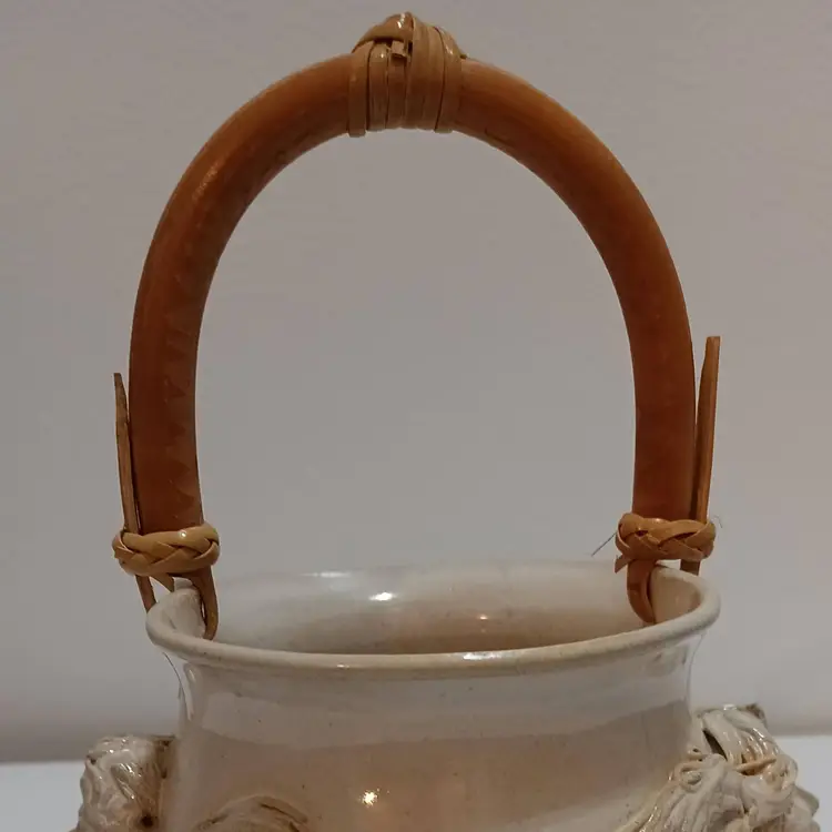 Nan Kirstein Studio Art Pottery Adorned With Mystical Maiden; Rattan Handle