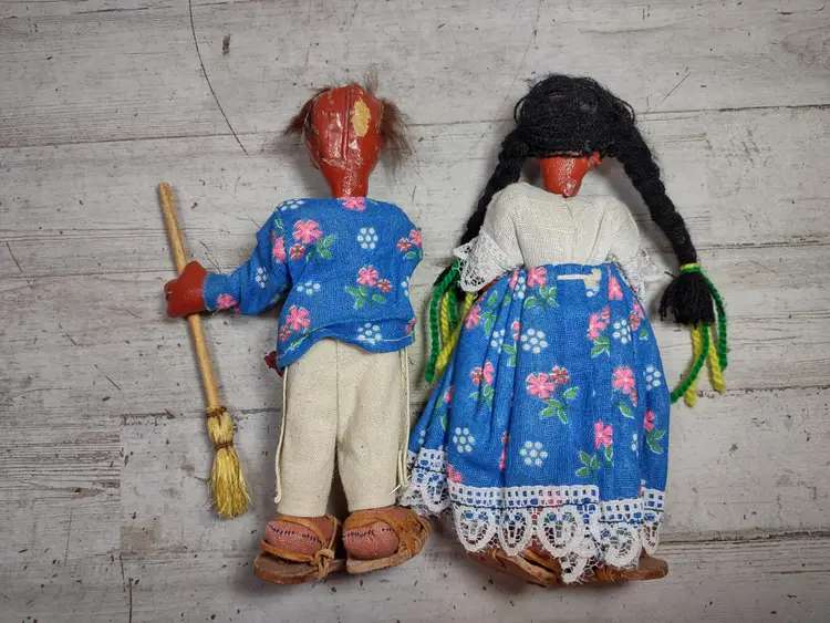 Pair Vintage Mexican Folk Art Oil Cloth Dolls Man w/ Broom Woman w/ Braids