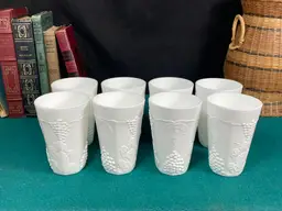 8 Indiana, Colony Harvest Milk Glass Tumblers, Grapes and Leaves, 10 oz Juice Glasses
