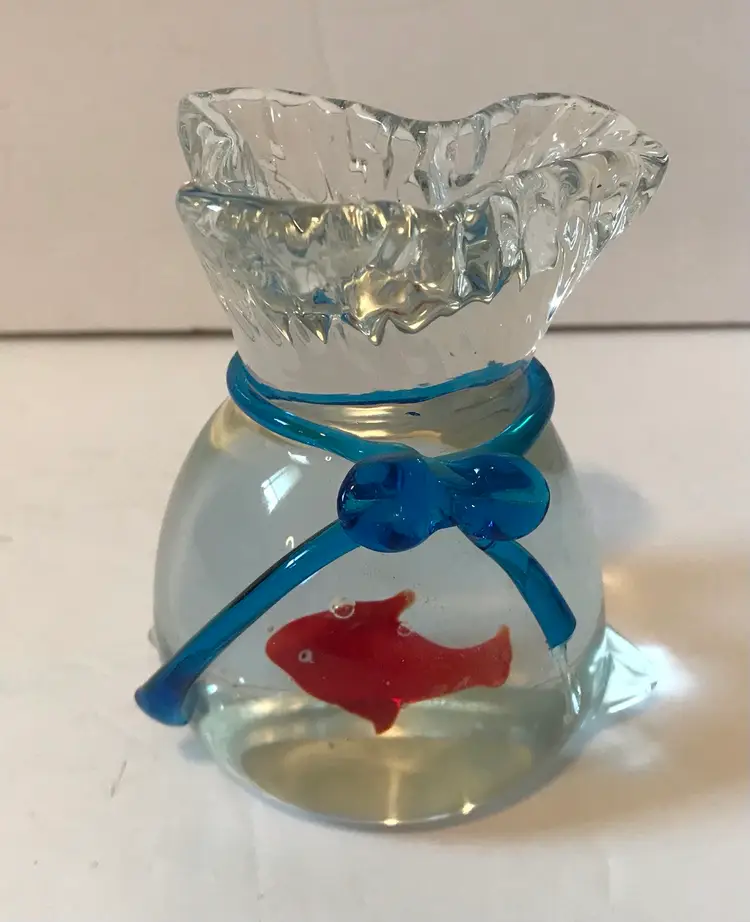 Vtg Art Glass Red Fish In A Bag- Hand Blown Aqua Sculpture Paperweight