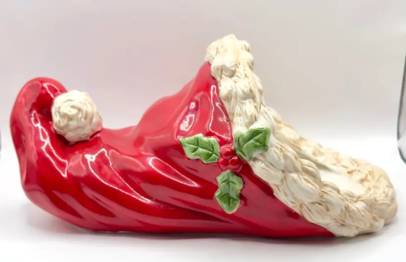 Vintage 2007 Ceramic Santa Claus Hat Cornucopia, Red and White with Holly Accent, Tabletop Figurine, By Rite Aide Corp., Made In China, MPN 933917-MMIII