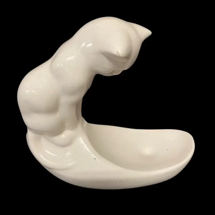 Vintage Pottery White Cat , Fish Bowl Stand.