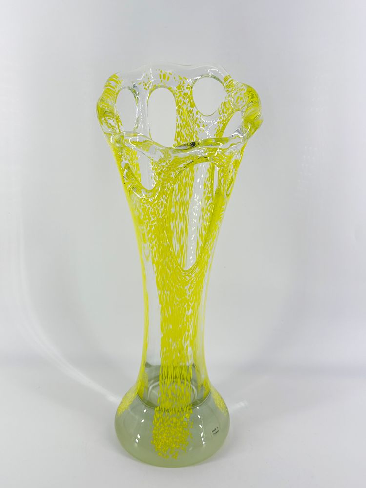 Kalina Polish Blown Art Glass 15" Vase Applied Yellow Stretched Bullicante