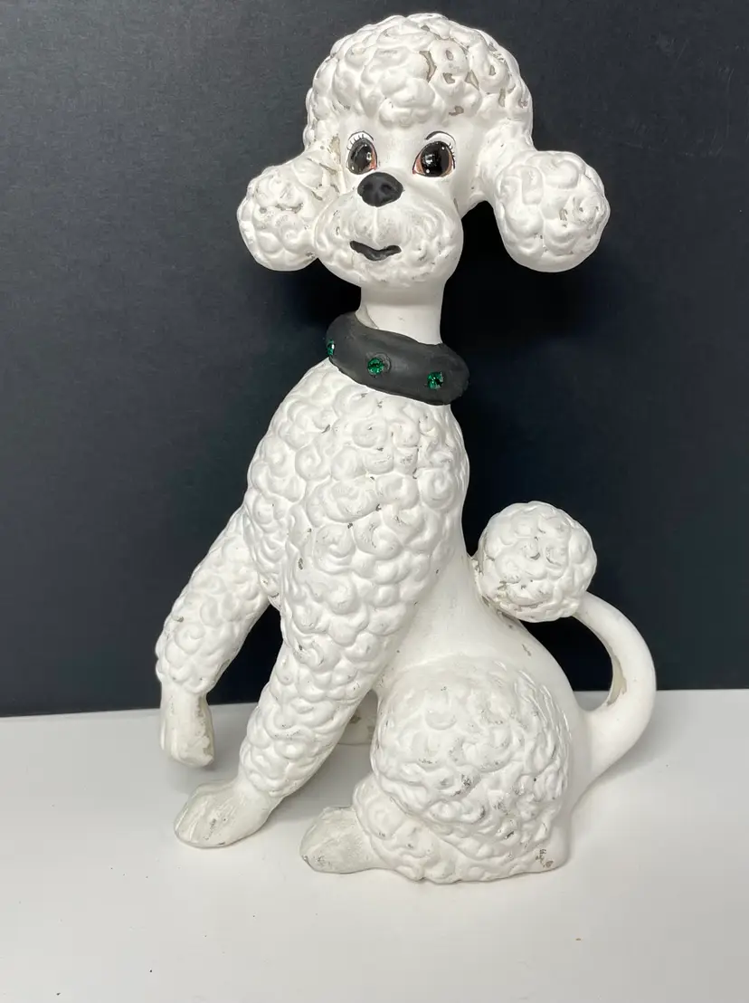 Vtg Large Ceramic White Curly Poodle Figure Rhinestone Collar 10.5" Kitschy