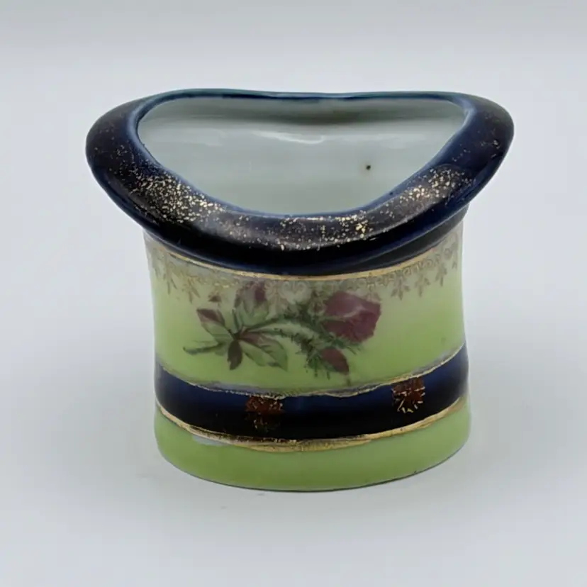 Vintage Porcelain Toothpick Match Holder Hat Dark Blue/Lime Green Rose Gold Trim