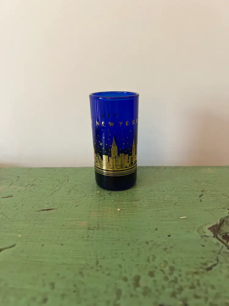 Vintage Shot Glass New York Night Skyline w Twin Towers Cobalt Blue 3” Tall