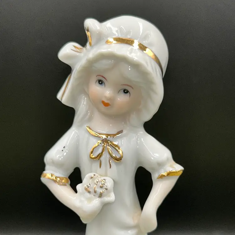 Vintage Monti Piero Girl With Flowers Porcelain With Gold Figurine Designed in Spain