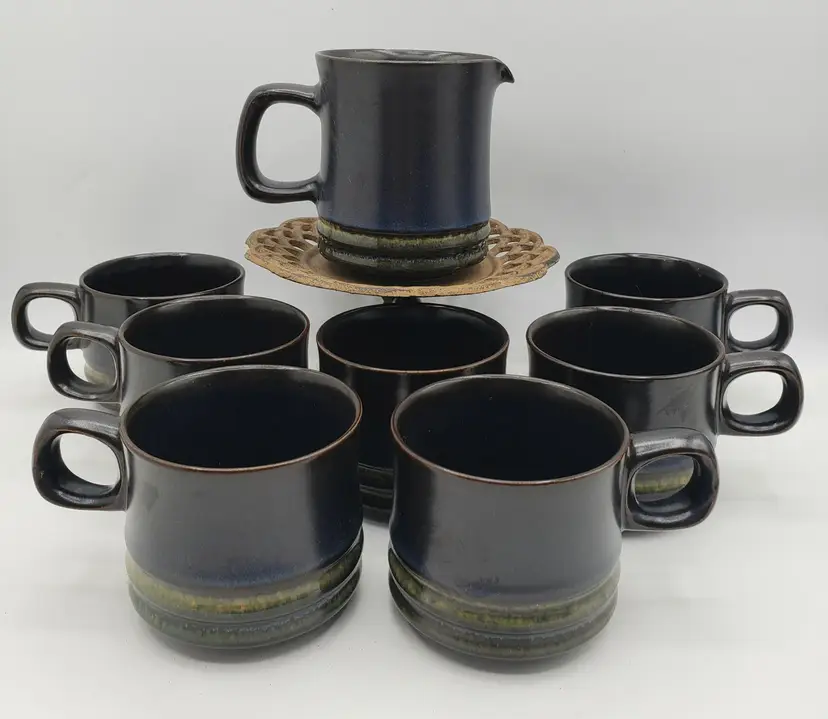 Vintage Denby England Coffee Espresso Pottery Mugs Cups 8 Pcs Brown Blue Drip. Wonderful vintage set of 7 cups and one pitcher/creamer.