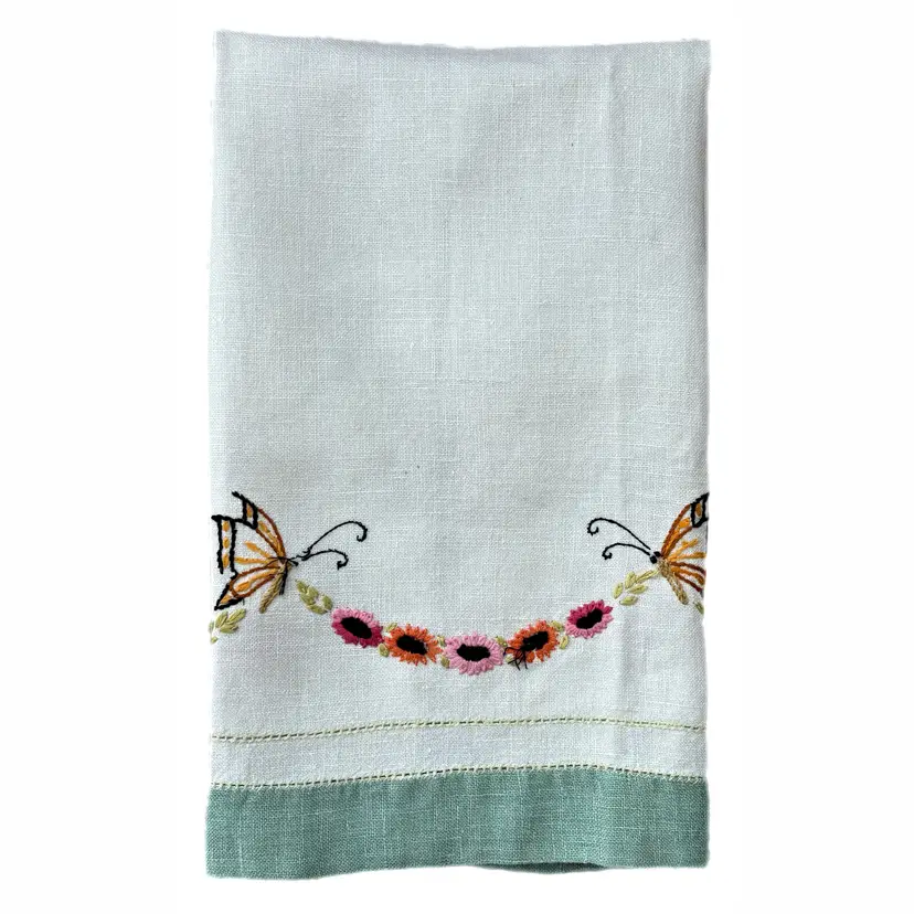 Embroidered Butterfly Linen Tea Towel Green Hem Shabby Decor Vintage Cottage Core 16x27