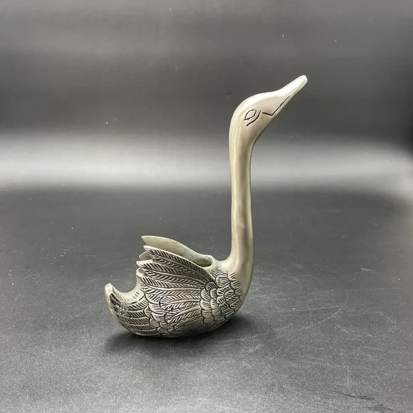Vintage Silver Toned Metal Swan Duck Bird Figural Planter Vase Home Decor