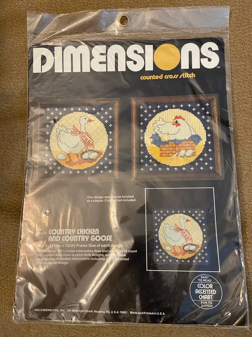 Dimensions Counted Cross Stitch~Country Chicken & Country Goose~1982 Frame Size 5” X 5” 3534