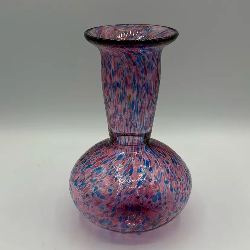 David Leppla DKL Studio 1997 Blue Pink Yellow Swirl Speckled Vase