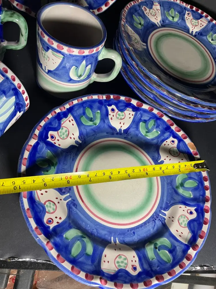 Vietri Solimene Blue Campagna Chicken 10" Dinner Plates 
& 4” Mugs Made in Italy