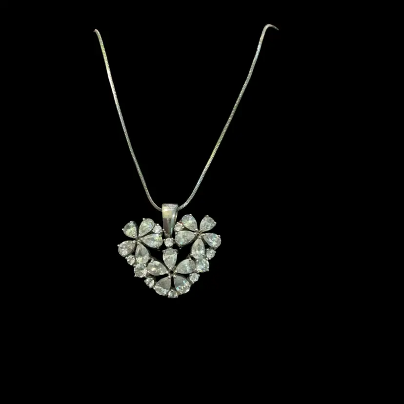 Beautiful Sterling Necklace With Sterling Cubic Zirconia Floral Flower Pendant. ((Note Extension Chain And Closure Not Sterling. )) Been Test Acid & Magnetic. Not Signed