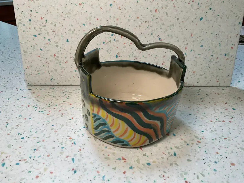 #01 Studio pottery basket with greens, turquoise, orange, yellow glazes