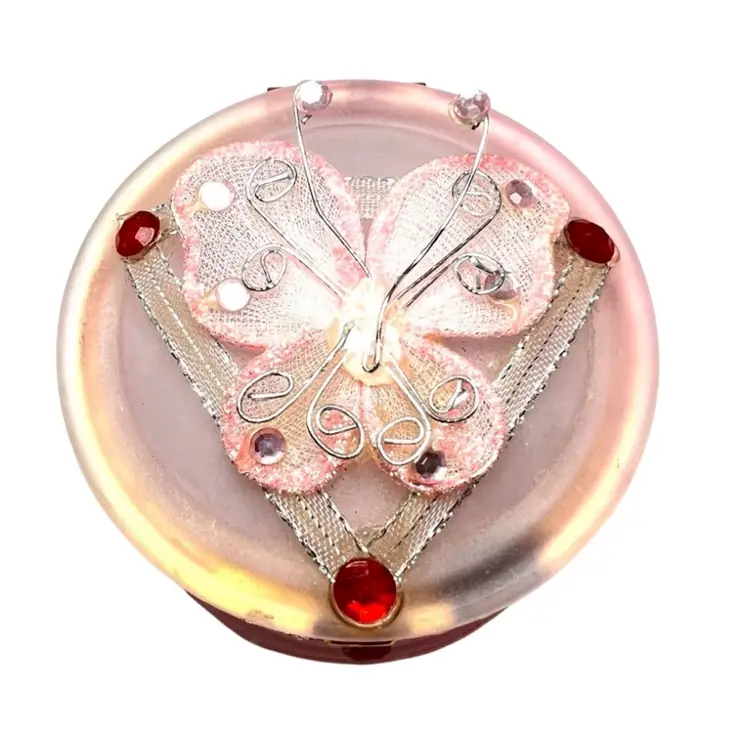 Pink Glass Jewelry Trinket Box.  Cute Butterfly Topper, Ribbons, Faux Bejeweled. Brass Banded. 3” Diameter x 1-3/4” Tall. See Condition Photos.