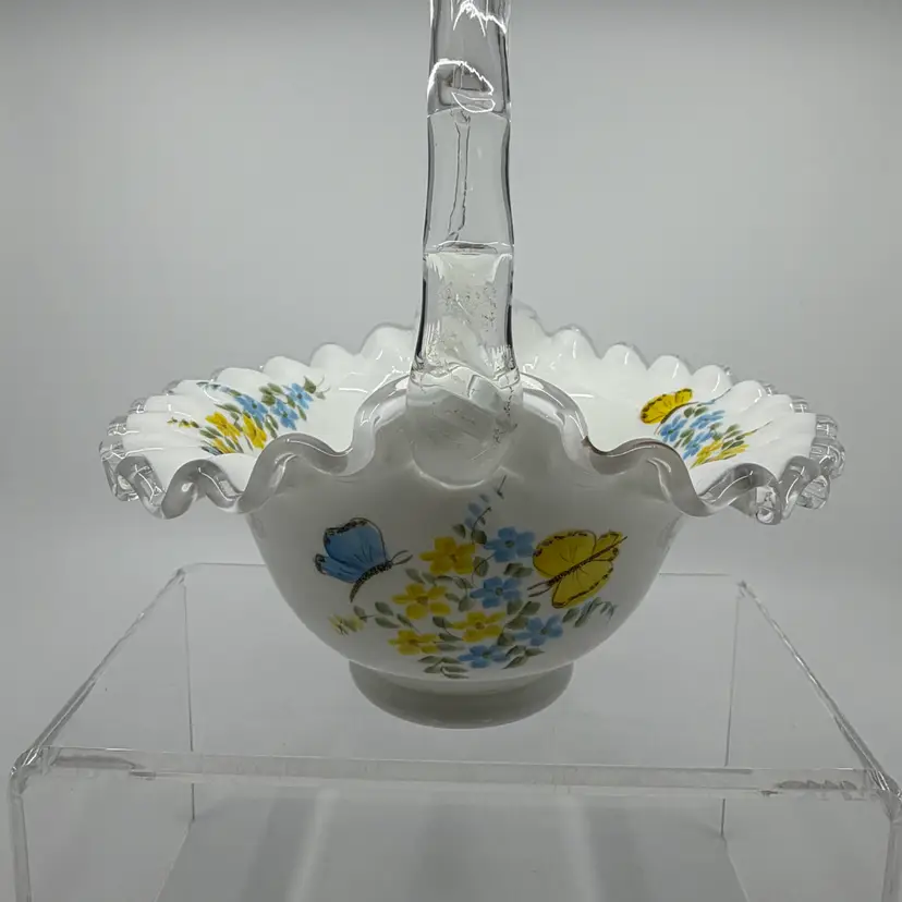 Fenton Hand Painted Signed Butterflies On Silver Crest Basket