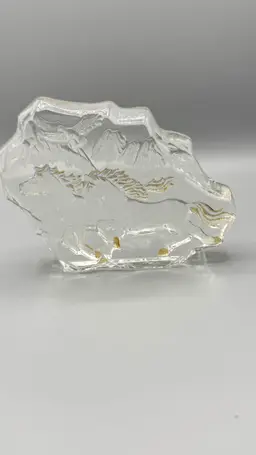 Clear Glass Slab With Molded Horses and Gold Accents.